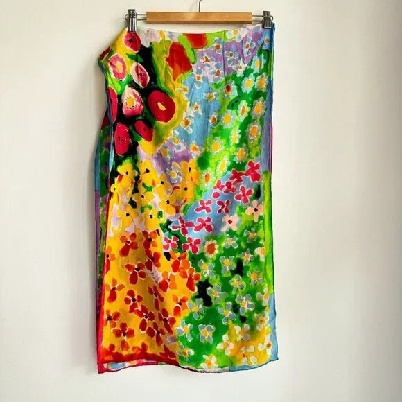 Colorful Floral & Cat Print Silk Scarf - Multicolor - Picture 5 of 6